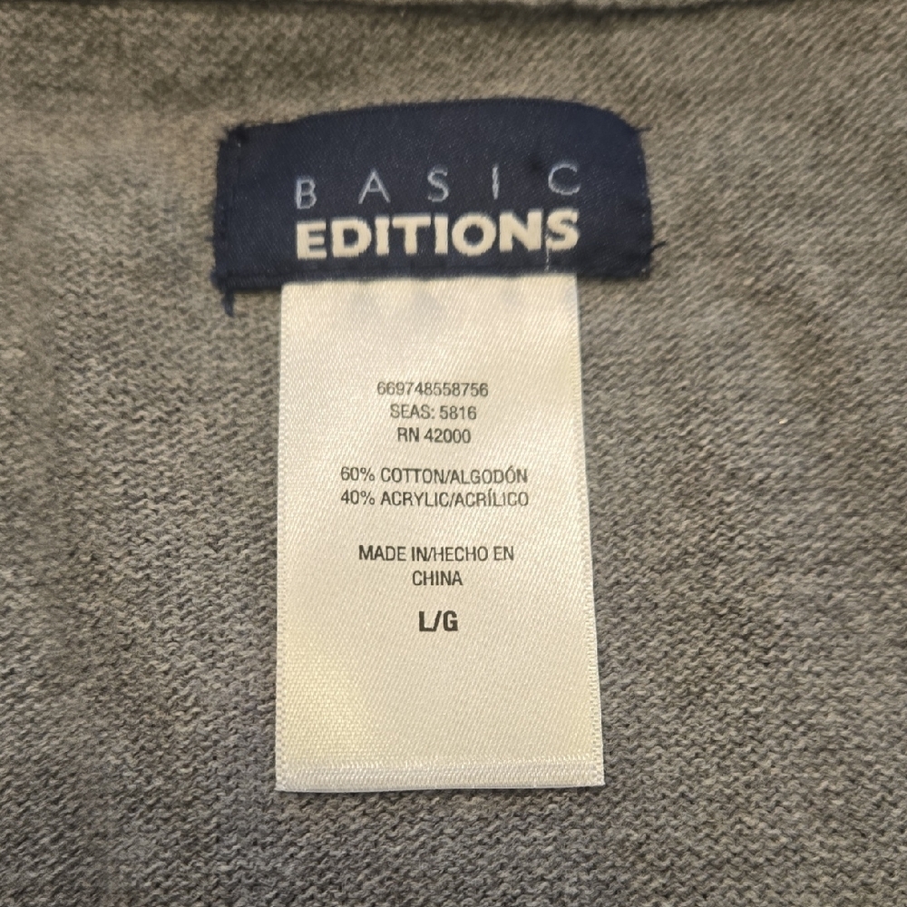 Basic Editions Men Large Gray V-Neck Button Down Ribbed Knit Cardigan Sweater - Picture 2 of 7